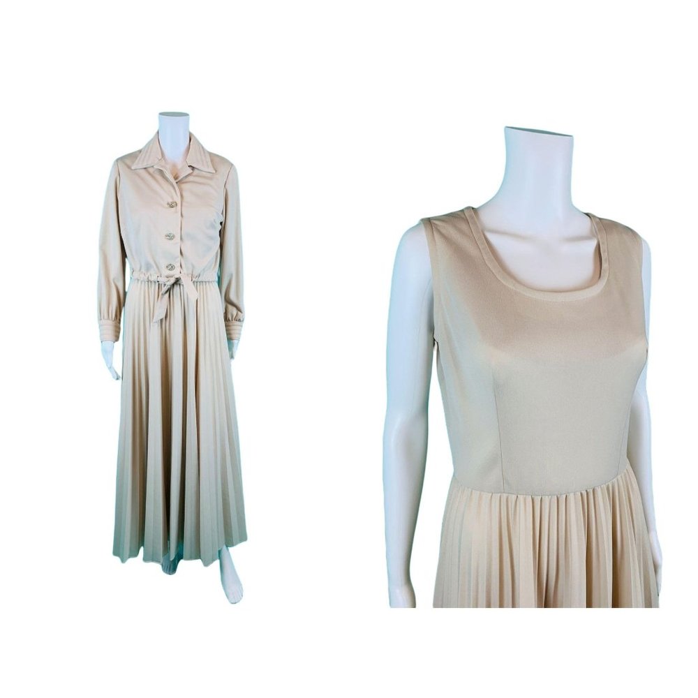 Vintage 70s Dress Set Womens M Khaki Rhinestone Buttons Dramatic Pleated Maxi Sk